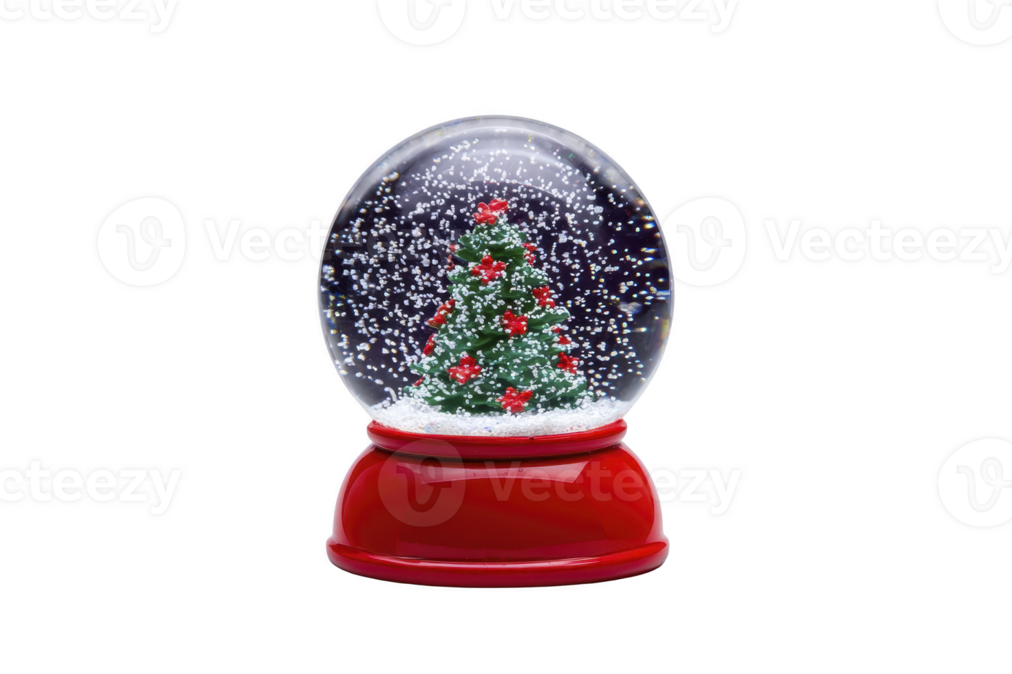 Festive snow globe with decorated Christmas tree inside, surrounded by swirling snowflakes, sits on red base, evoking holiday cheer and winter wonder png
