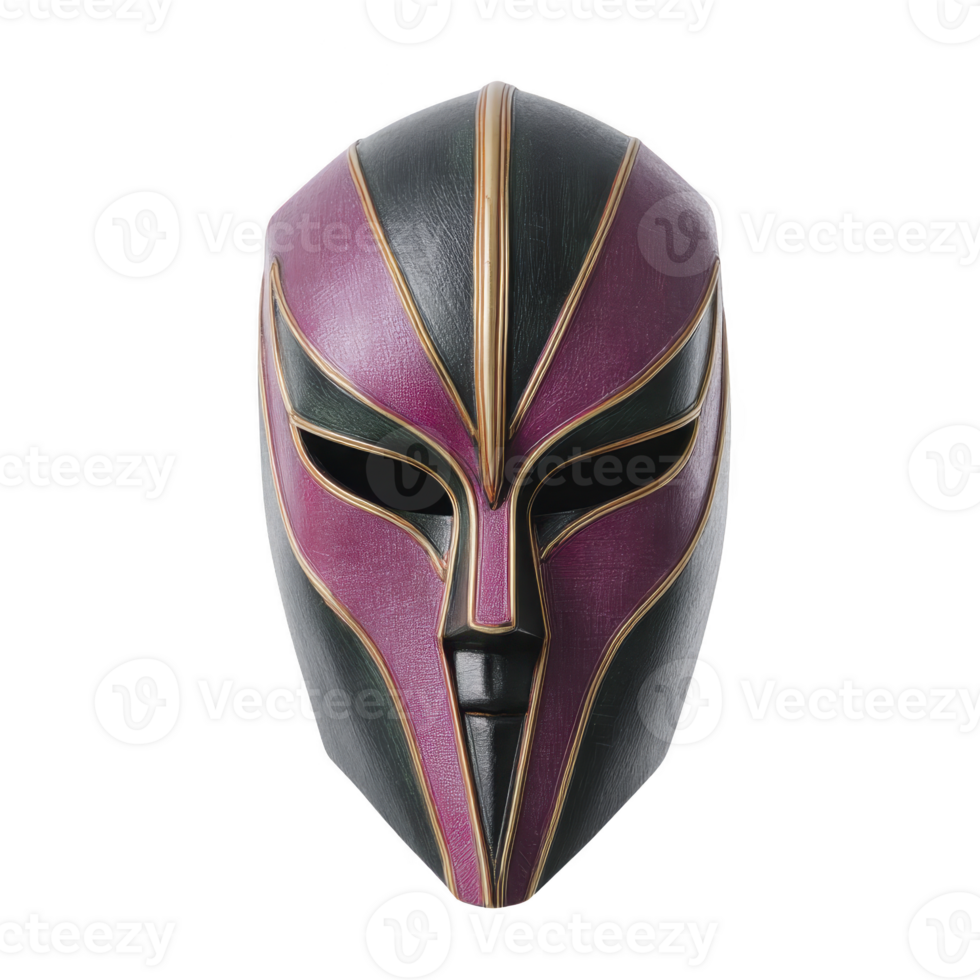 Sleek, futuristic mask with black and purple design featuring gold accents, creating mysterious and bold appearance. mask smooth surface and sharp lines suggest modern, artistic style png