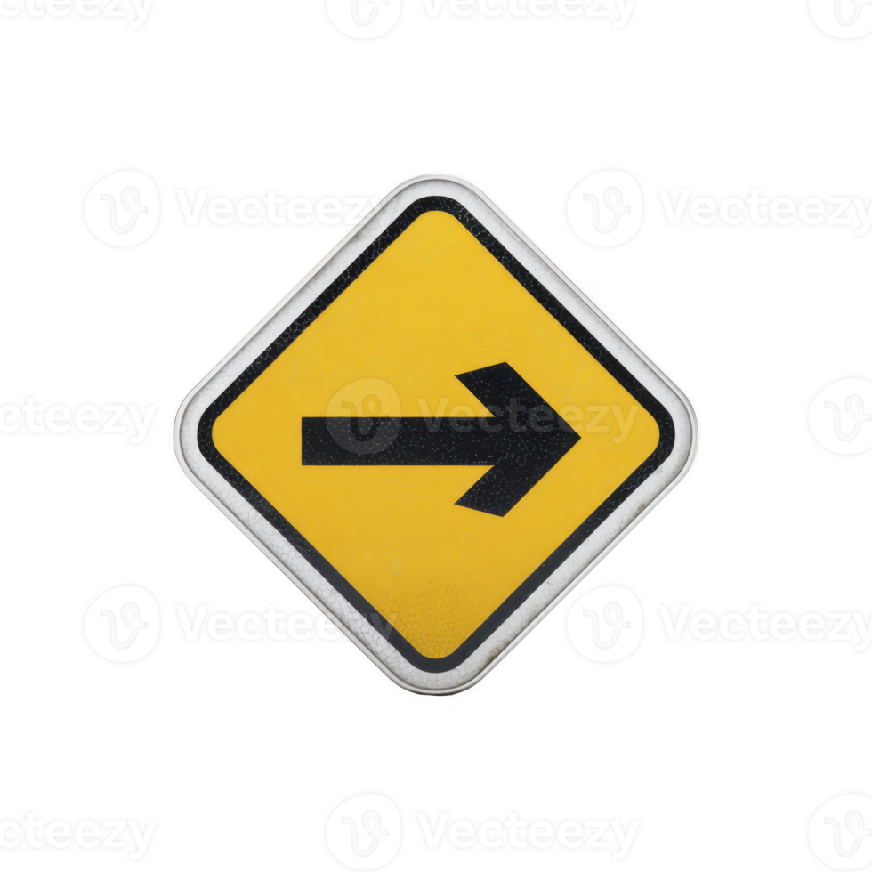 Yellow diamond shaped traffic sign with black right arrow indicates right turn ahead. sign is isolated on transparency background, emphasizing its clear and simple design png