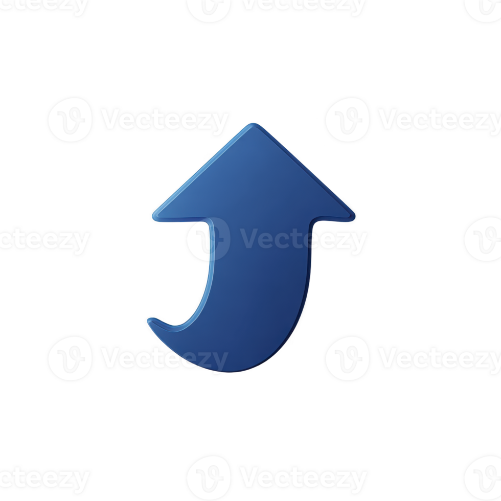 Blue upward arrow with curved tail symbolizes progress or increase. arrow is simple and bold, often used in digital interfaces to indicate upward movement or positive change png