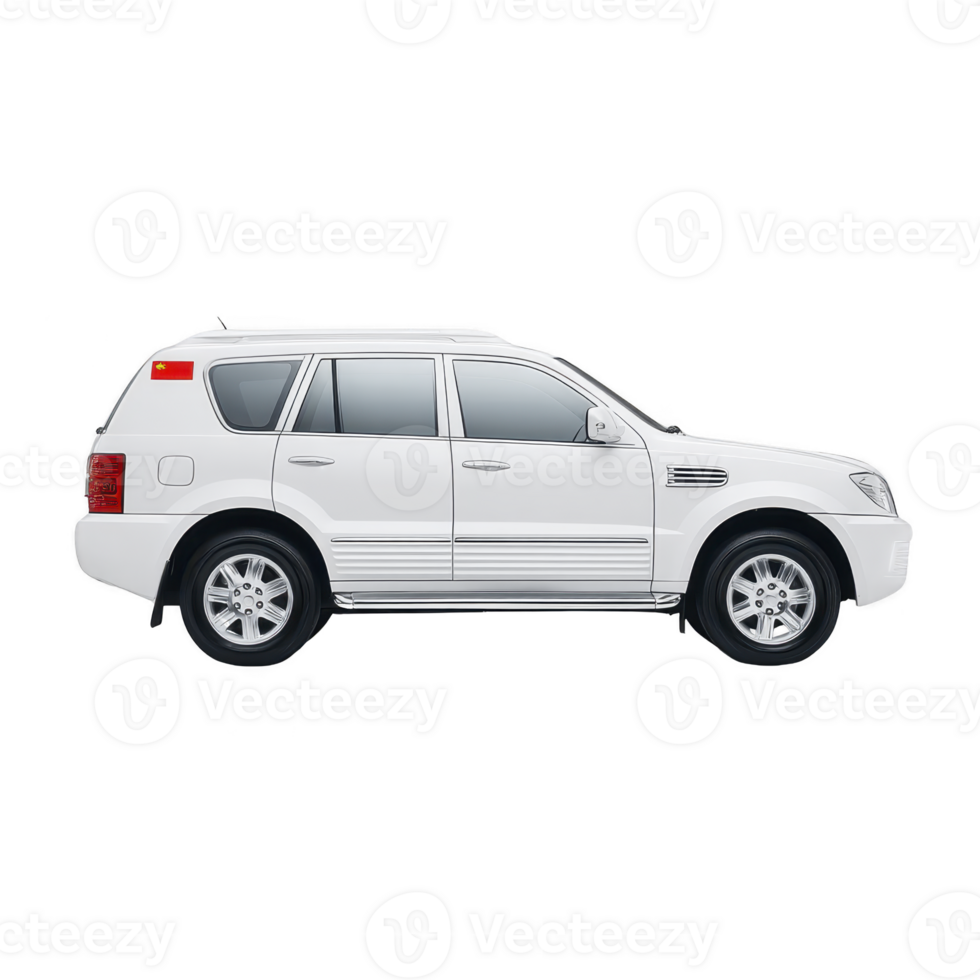 A white suv is shown side view, highlighting its sleek design and modern features. vehicle is parked, showcasing its wheels and windows clearly. suv appears spacious and suitable for family or off png