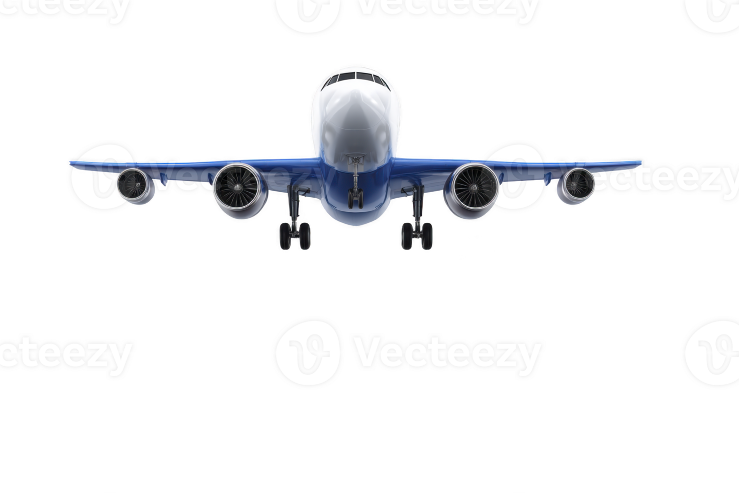 A large commercial airplane with blue and white exterior is flying directly towards viewer, showcasing its engines and landing gear. aircraft is set against clear sky, emphasizing its sleek design png