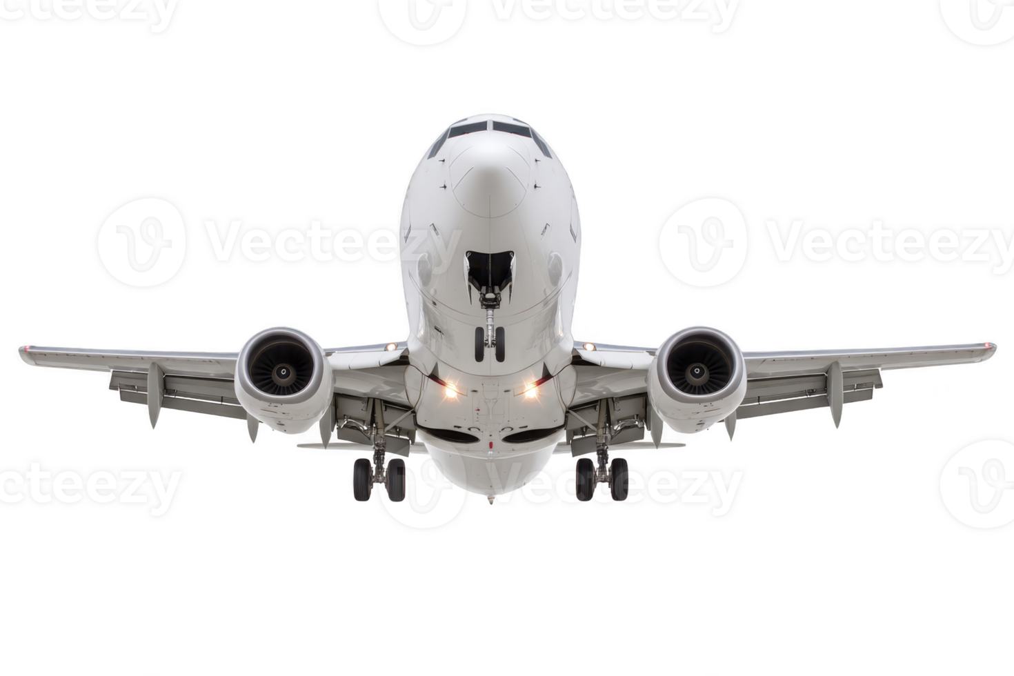 A commercial airplane is captured in mid flight, showcasing its aerodynamic design and powerful engines. aircraft is viewed from front, highlighting its sleek body and extended landing gear png
