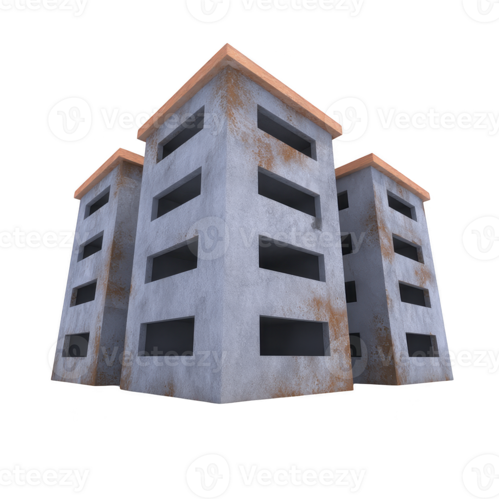 A three abandoned, weathered buildings with rusted surfaces and empty windows stand side by side, evoking sense of decay and desolation png