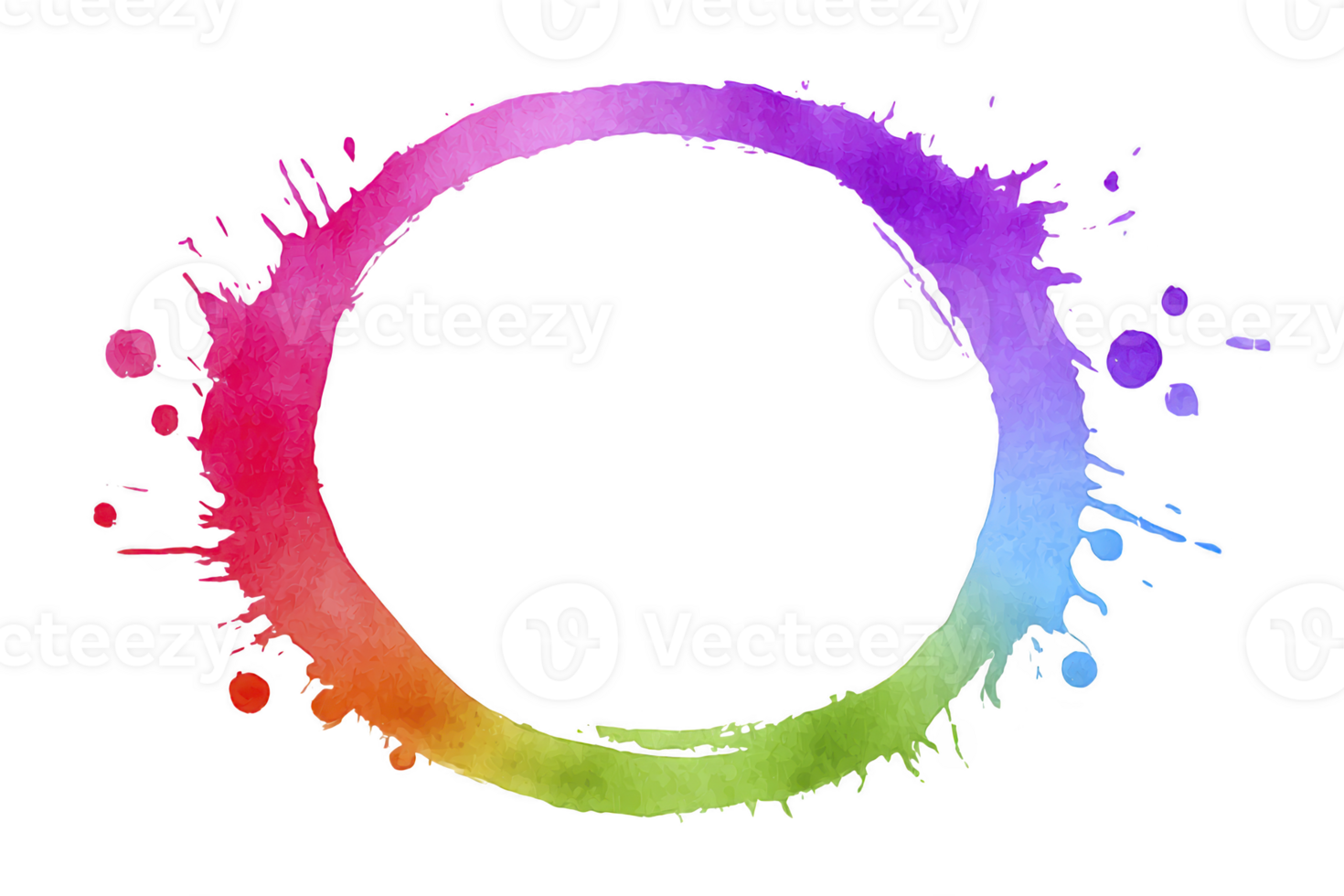 Vibrant watercolor circle with splashes of red, purple, blue, and green creates dynamic and artistic design. colorful ring is set against transparent background, adding creative touch png