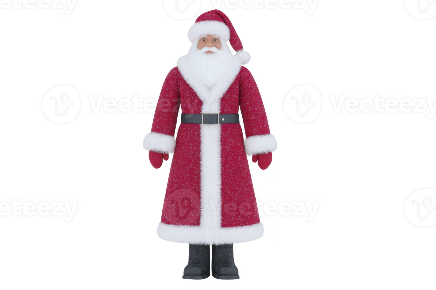 A jolly santa claus figurine stands in traditional red and white suit, complete with fluffy beard and black boots, evoking festive holiday cheer png