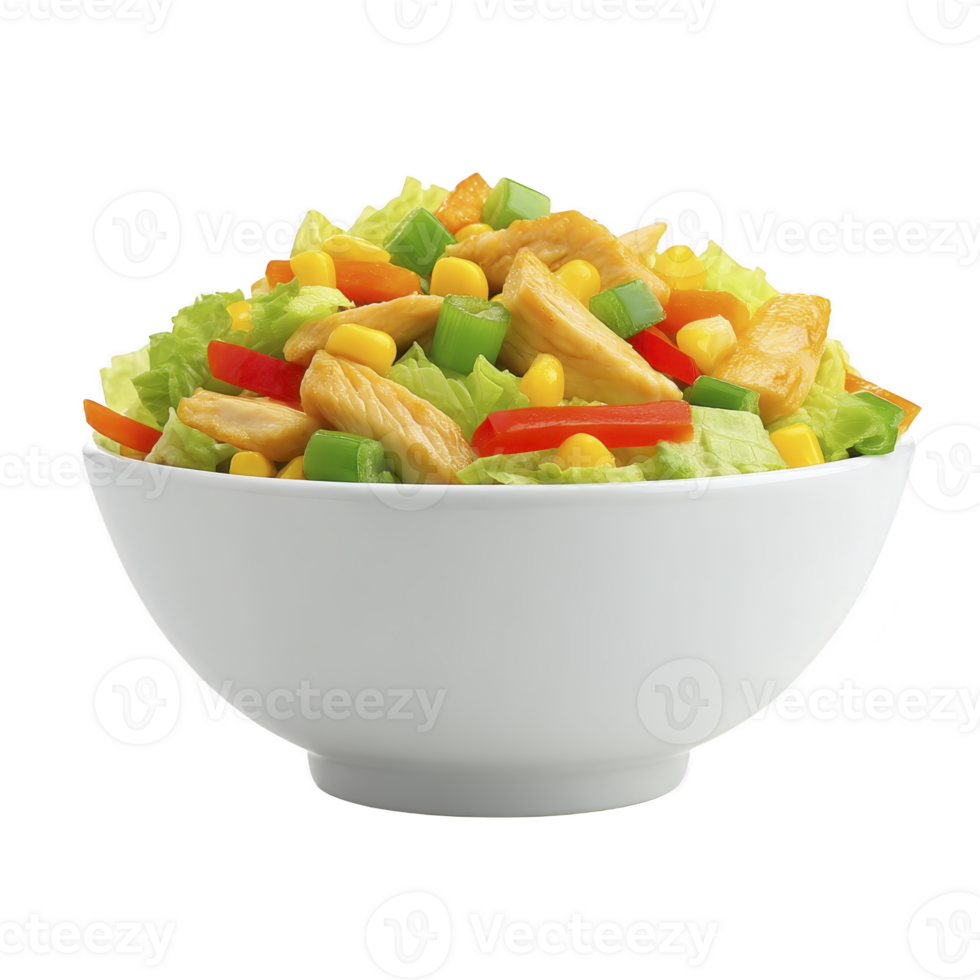 A vibrant salad in white bowl features fresh lettuce, grilled chicken, corn, red and yellow bell peppers, and green onions, creating colorful and healthy meal png