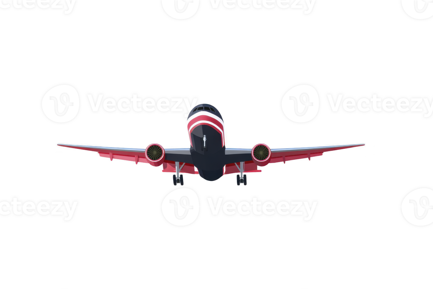 A red and black airplane is flying towards viewer, showcasing its sleek design and powerful engines against clear sky. aircraft wings are extended, emphasizing its aerodynamic shape png