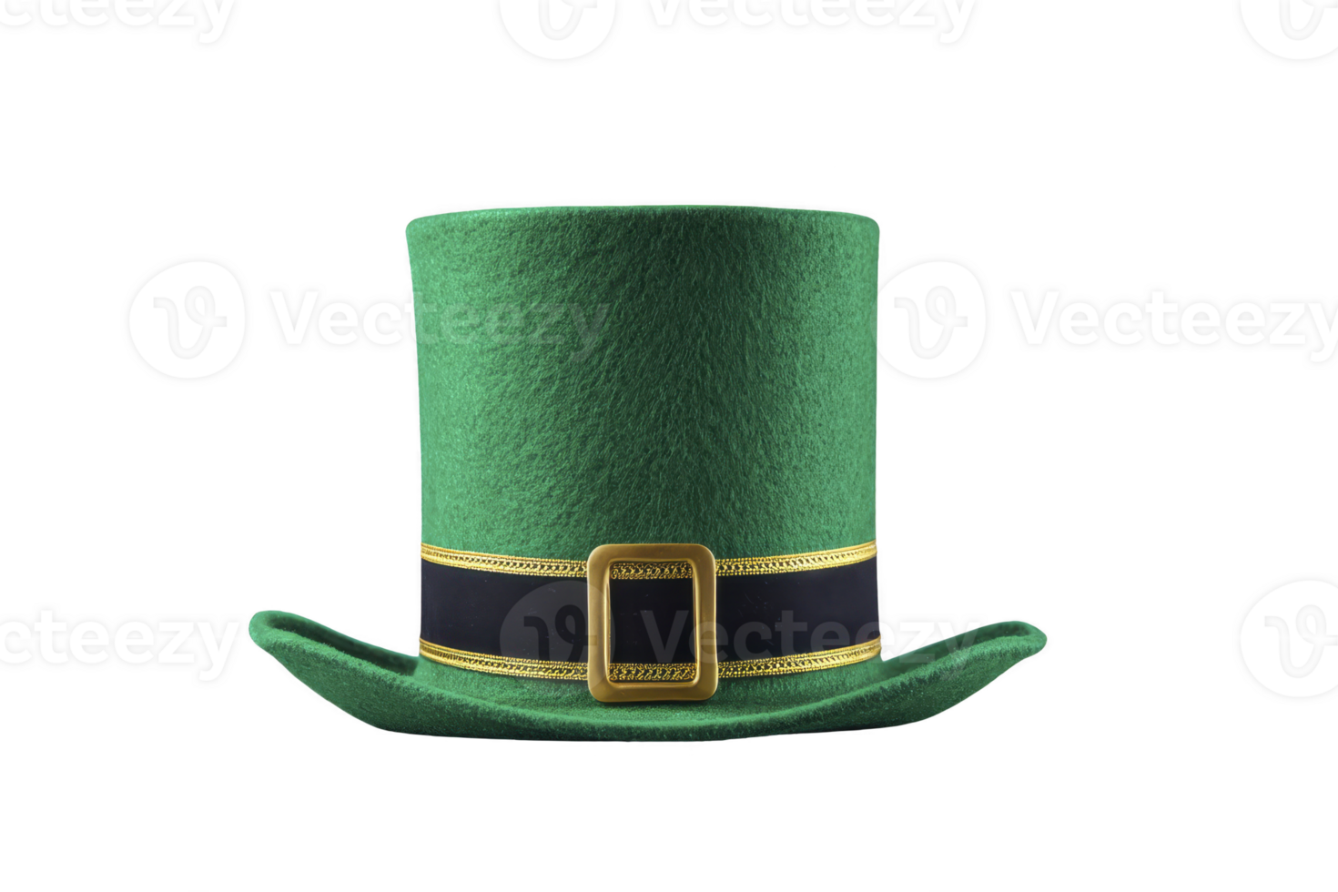 Green felt leprechaun hat with black band and gold buckle, often associated with St. Patrick Day celebrations and Irish folklore png
