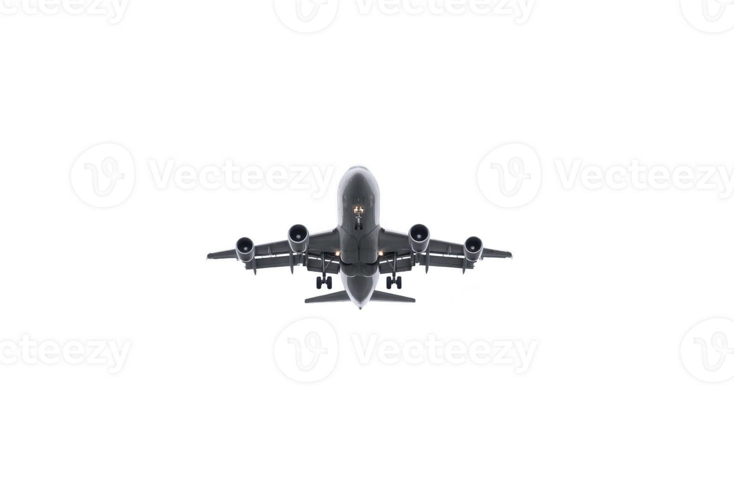 A large passenger airplane is flying directly towards viewer against clear sky, showcasing its powerful engines and sleek design png