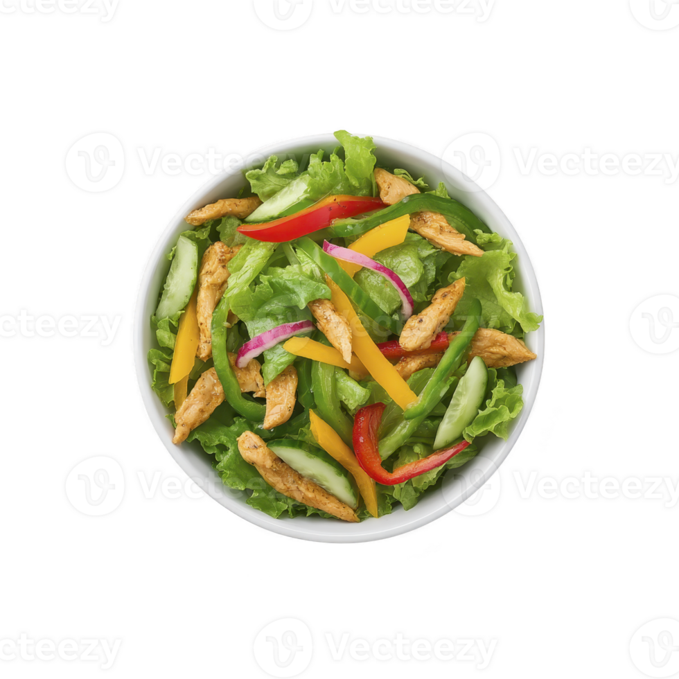 A fresh salad in white bowl features vibrant lettuce, grilled chicken strips, sliced cucumbers, red onions, and colorful bell peppers, creating healthy and appetizing dish png