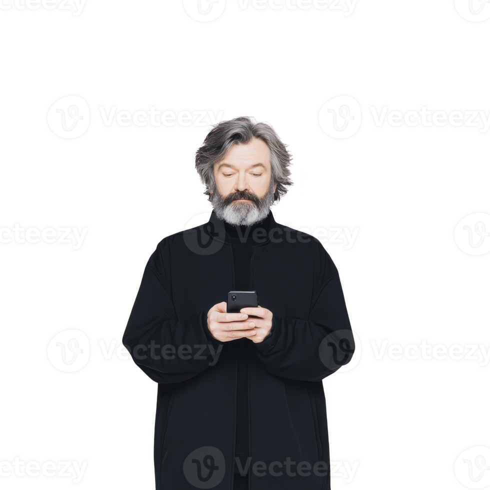 Mature man with gray beard and hair is wearing black turtleneck, looking at his smartphone with focused expression against plain background png