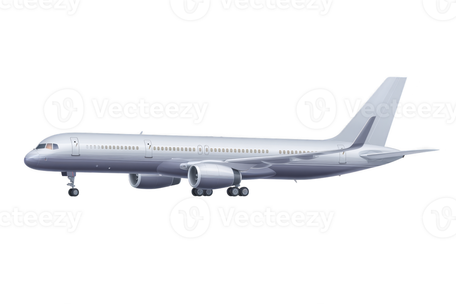 A sleek, silver commercial airplane with two engines and streamlined design, ready for takeoff. aircraft is depicted in side view, showcasing its aerodynamic shape and landing gear png