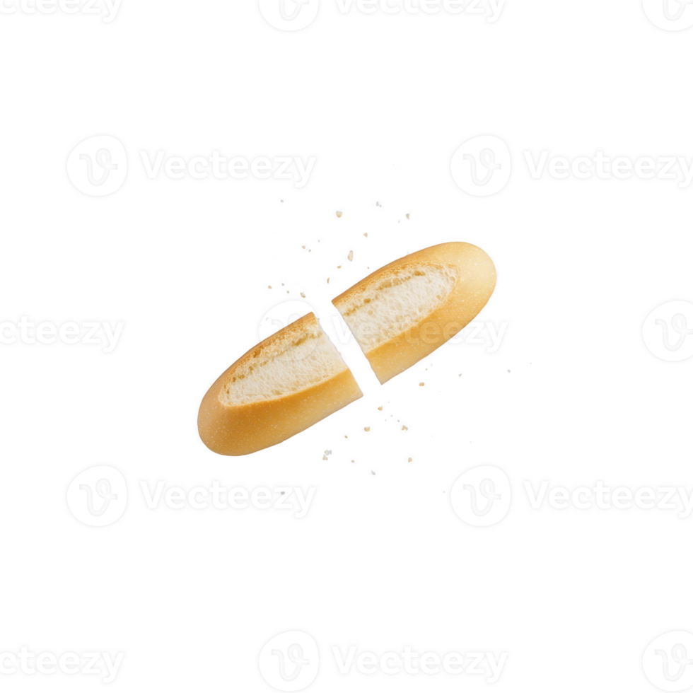 Sliced baguette with crumbs scattered around on transparency background, showcasing fresh and appetizing look. bread texture and golden crust are highlighted, creating rustic feel png