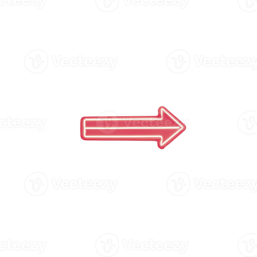 Glowing red neon arrow pointing to right on transparency background, symbolizing direction and movement. bright light creates vibrant and eye catching effect png
