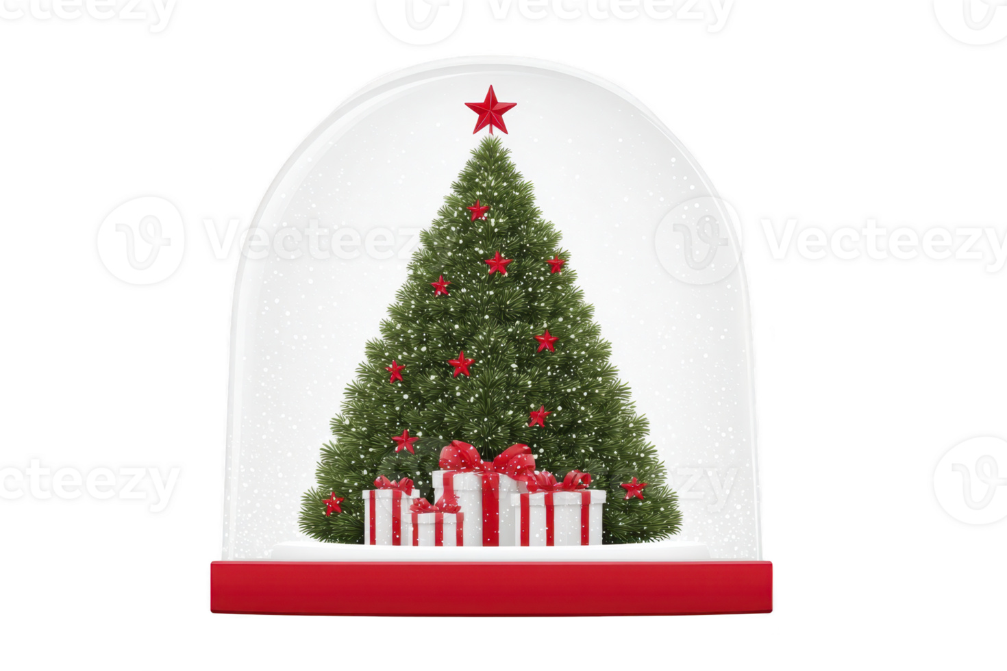 Festive snow globe with decorated Christmas tree adorned with red stars and surrounded by wrapped gifts, evoking holiday cheer png