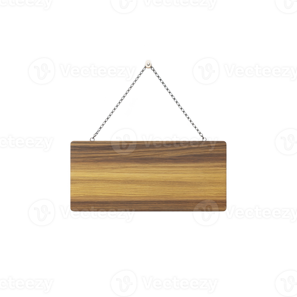 Rectangular wooden sign with natural grain pattern hangs from metal chain, isolated on transparency background. sign is simple and rustic, suitable for various decorative or informational purposes png