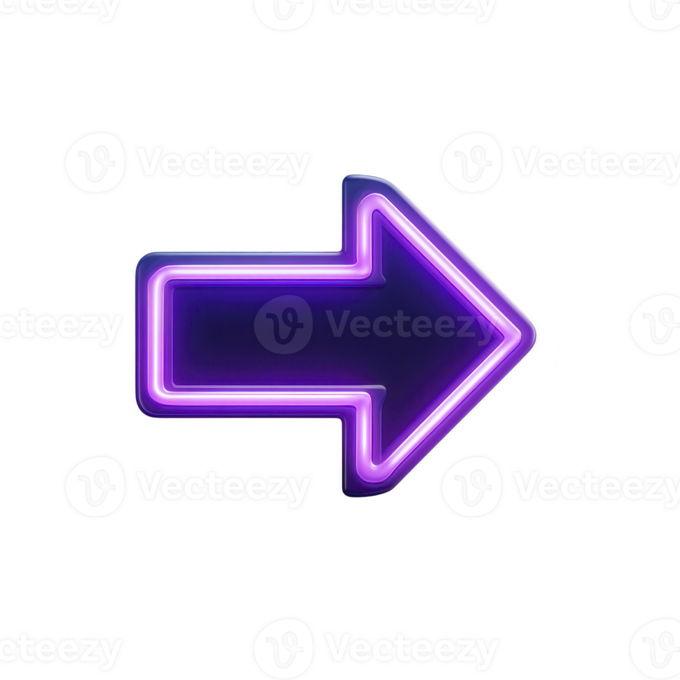 Glowing neon arrow in vibrant purple points to right, creating modern and futuristic look. bright illumination and sleek design make it ideal for digital interfaces or signage png