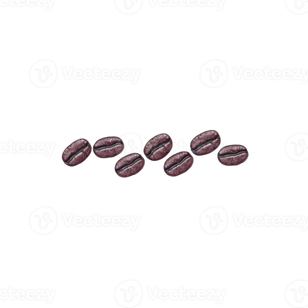 Seven roasted coffee beans are scattered against transparency background, showcasing their rich brown color and textured surface. arrangement highlights beans natural beauty and aromatic appeal png