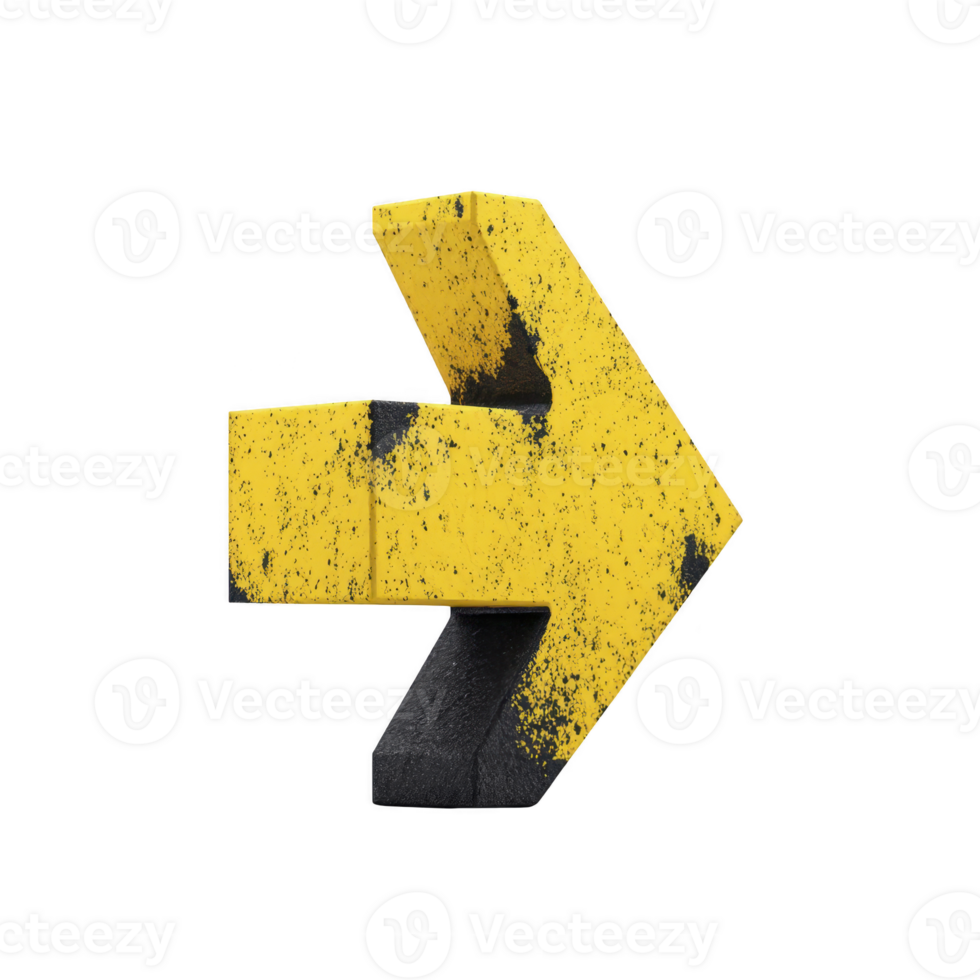 3D yellow arrow with distressed texture points to right, symbolizing direction and movement. arrow worn appearance adds vintage and industrial feel png