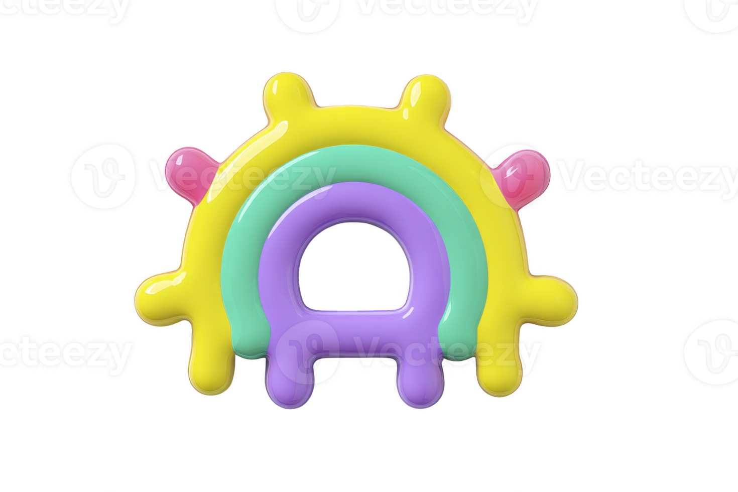 Colorful, abstract 3D shape resembling rainbow with playful design, featuring bright yellow, green, and purple hues, and rounded protrusions png
