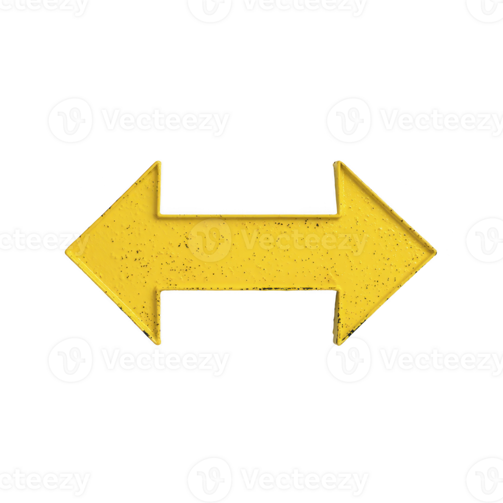 Yellow double headed arrow symbol on transparency background, representing direction and choice. arrow is textured, giving it slightly worn appearance png
