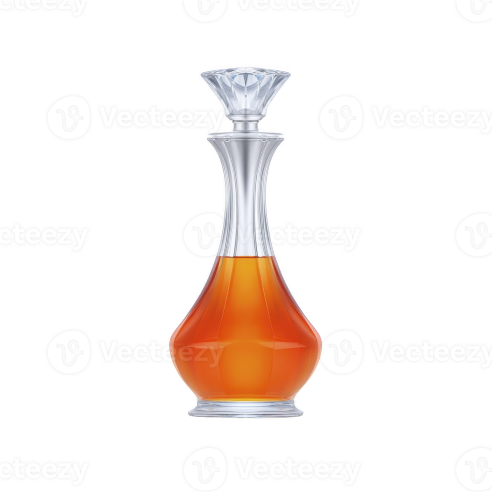 A sleek, elegant glass decanter with diamond shaped stopper, filled with amber liquid, exuding luxury and sophistication png