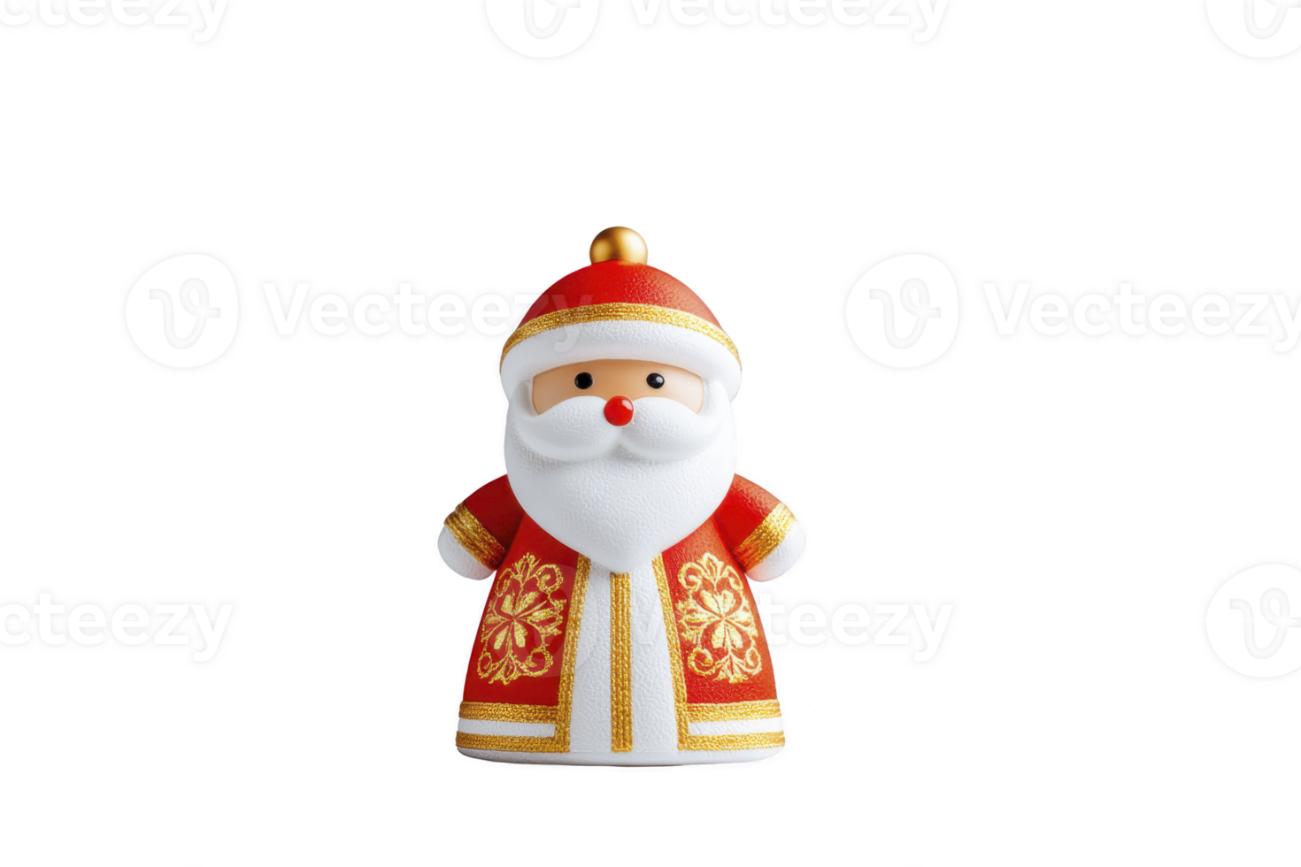 A cute santa claus figurine in red and gold outfit stands against transparency background, showcasing festive holiday spirit. figure features white beard and cheerful expression png