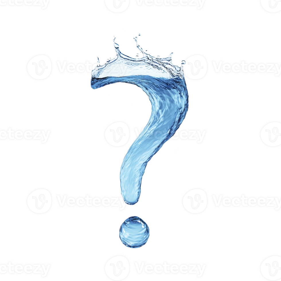 Water splash forms question mark against transparency background, symbolizing curiosity and fluidity. dynamic shape and clear blue color evoke sense of wonder and inquiry png