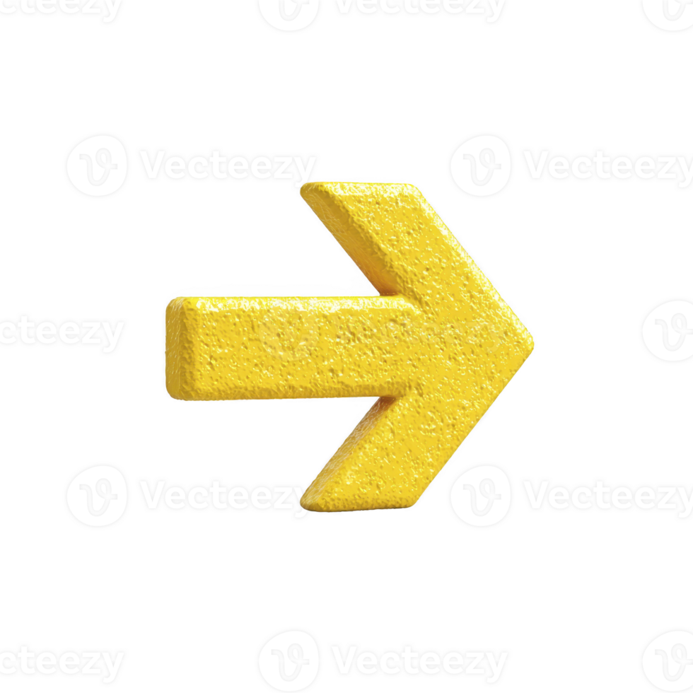Bright yellow 3D arrow pointing to right, with textured surface, stands out against plain background, symbolizing direction and movement png