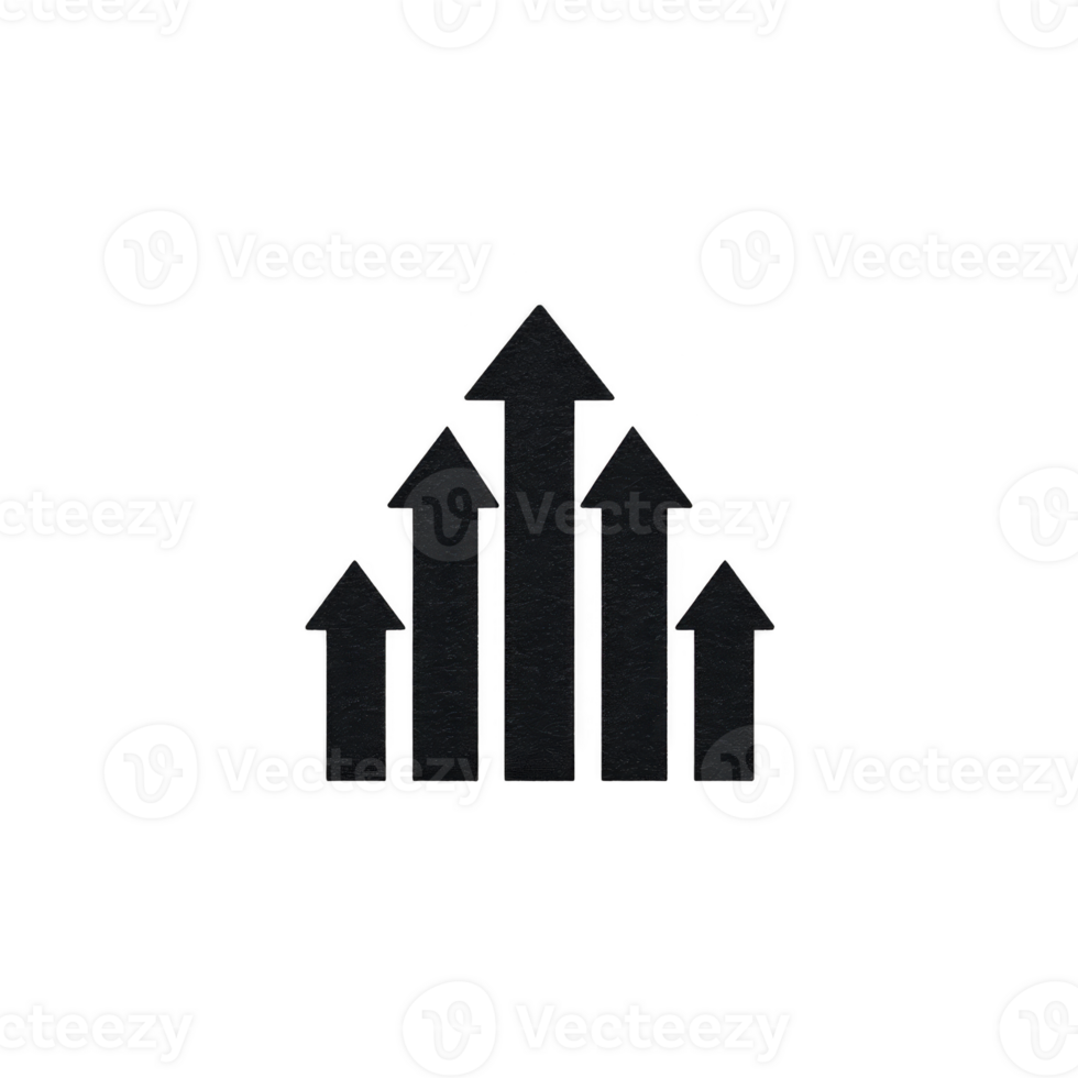 A set of five black arrows pointing upwards symbolizes growth, progress, or increase. minimalist design on transparent background conveys sense of upward movement and positive change png