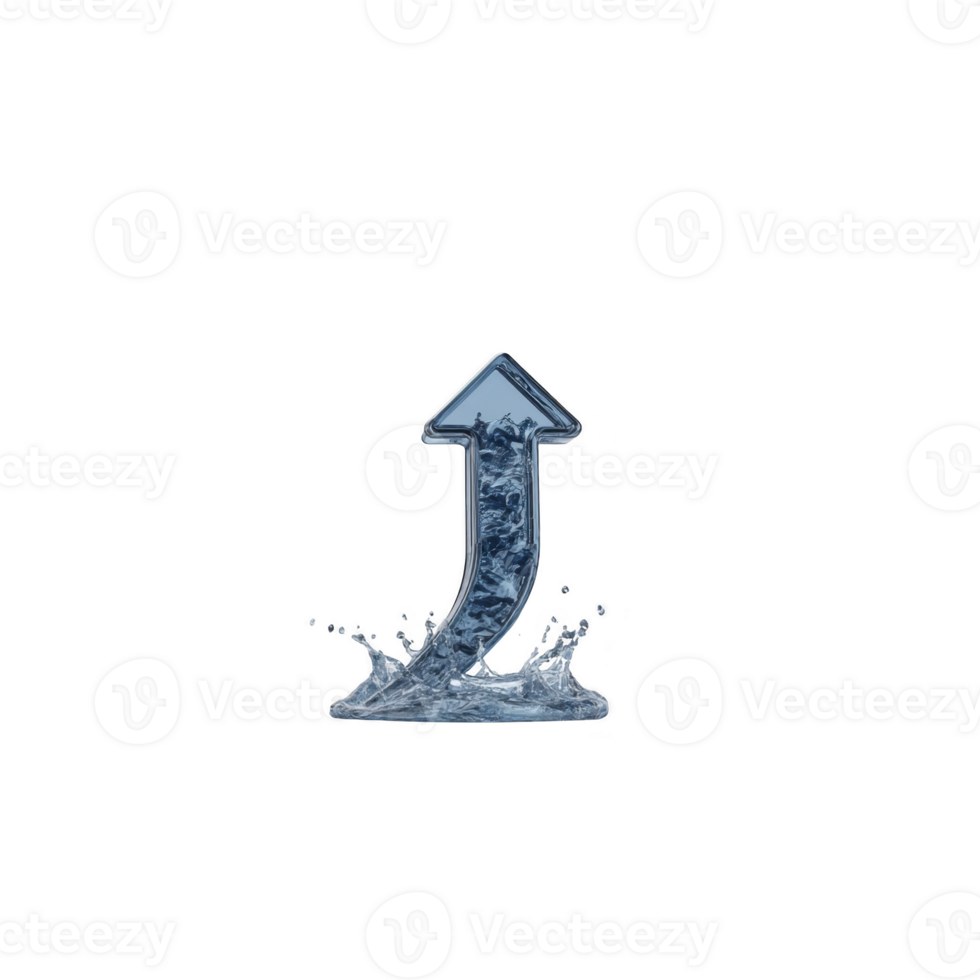 Blue arrow made of water splashes upward, symbolizing growth and progress. dynamic design conveys movement and energy, with water droplets adding refreshing touch png