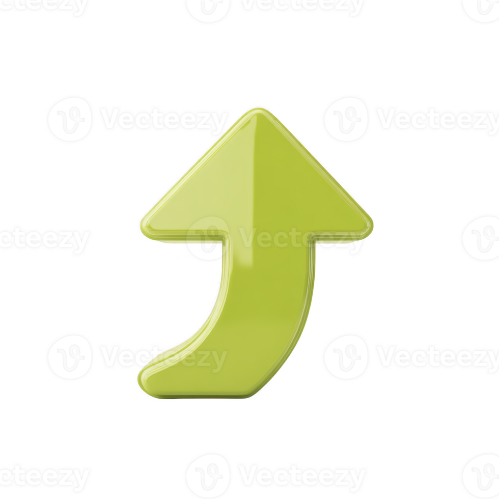 A shiny, green, curved arrow pointing upwards on transparent background, symbolizing growth or progress. arrow has glossy finish, giving it modern and dynamic appearance png