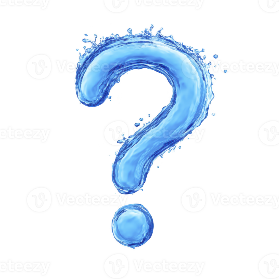 Vibrant blue water splash forms question mark, symbolizing curiosity and inquiry. dynamic liquid shape is set against transparent background, emphasizing its fluidity and motion png