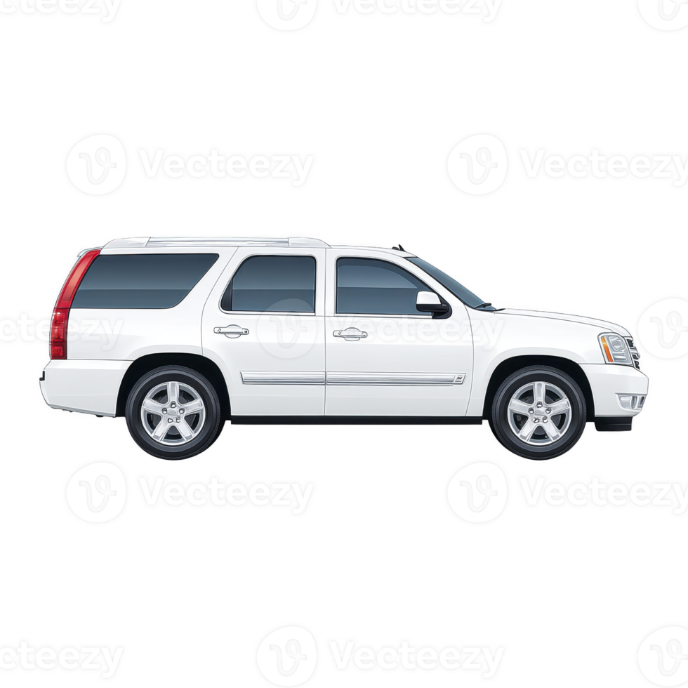 A white suv with tinted windows and chrome accents is shown in side view, highlighting its sleek design and spacious interior. vehicle features alloy wheels and roof rails png