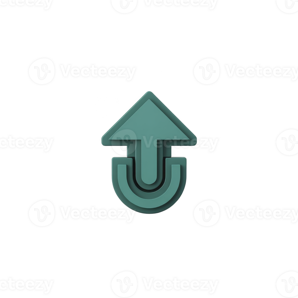 A teal 3d arrow icon pointing upwards with curved base, symbolizing upload or upward movement, isolated on transparency background png