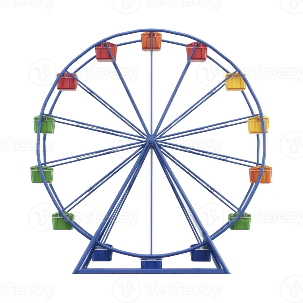 A colorful ferris wheel with red, yellow, green, and blue gondolas stands against transparency background, evoking sense of fun and amusement png
