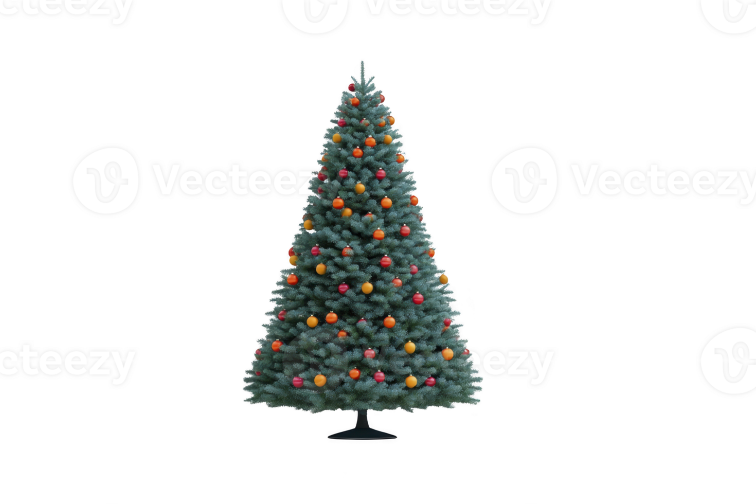 Beautifully decorated Christmas tree adorned with colorful ornaments stands tall, evoking festive and joyful atmosphere. evergreen branches are lush and full, creating classic holiday scene png