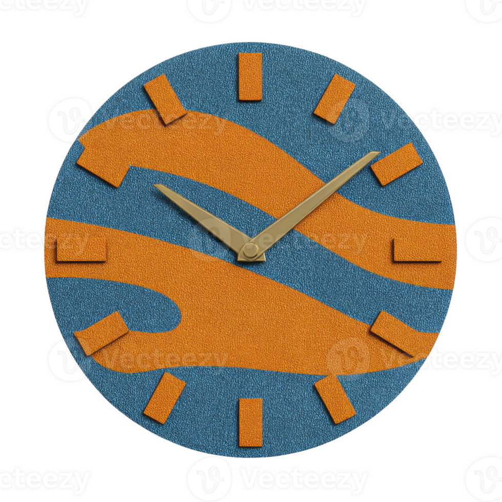 A round wall clock with modern design features blue and orange abstract pattern. clock has gold hands and rectangular hour markers, creating stylish and contemporary look png