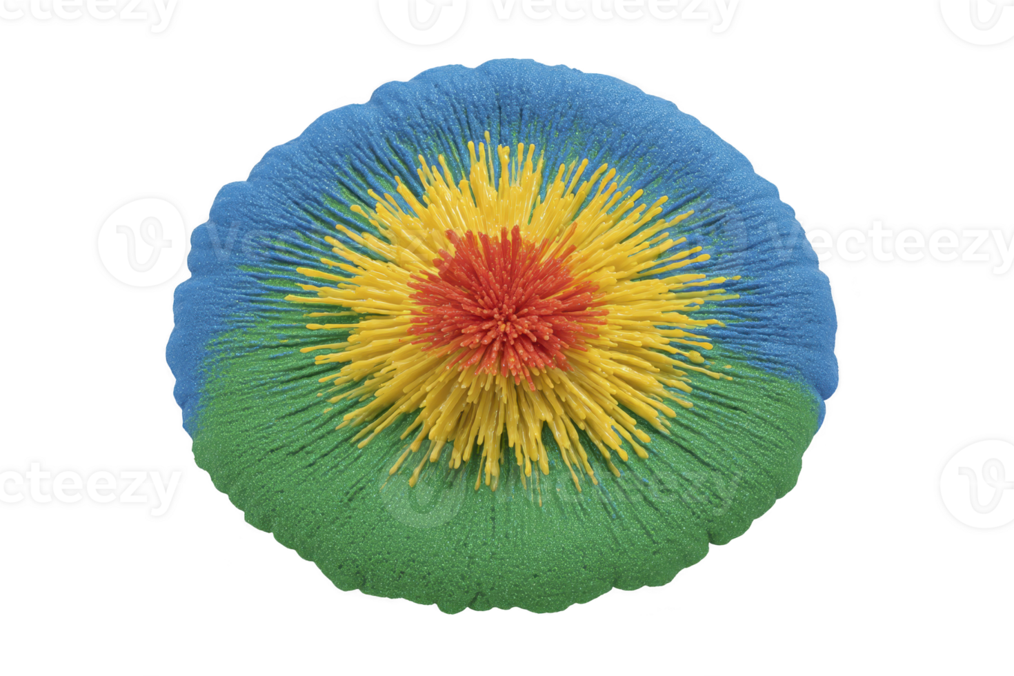 A vibrant, abstract sculpture features circular design with textured surface. center is red, surrounded by yellow, transitioning to blue, and finally green at edges png