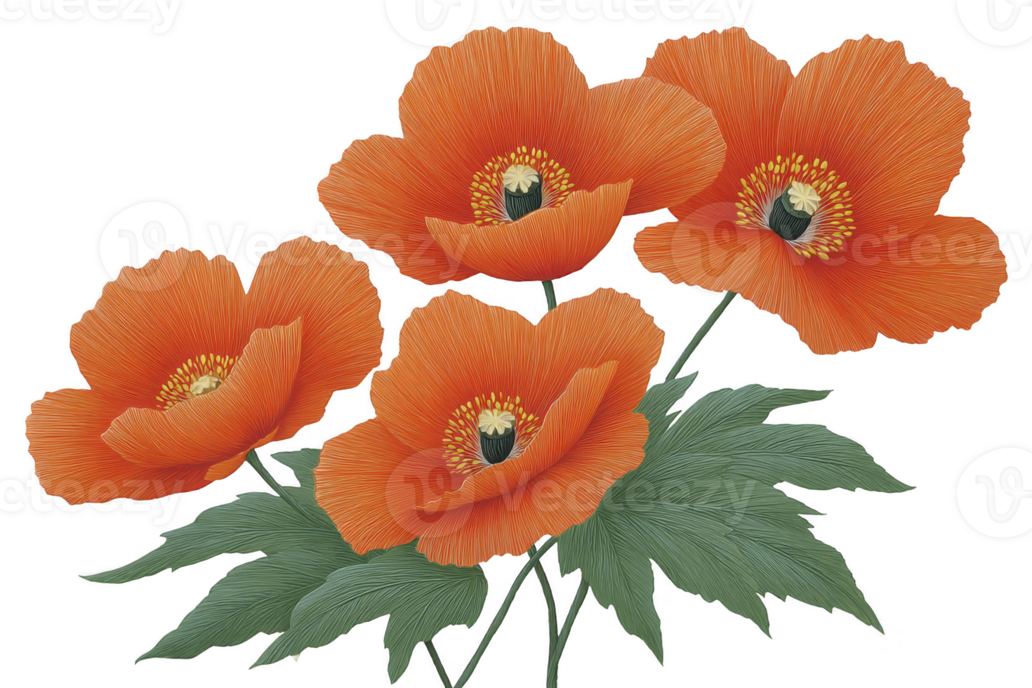 A four vibrant orange poppies with delicate petals and green leaves create striking floral arrangement. detailed illustration captures beauty and elegance of these flowers png