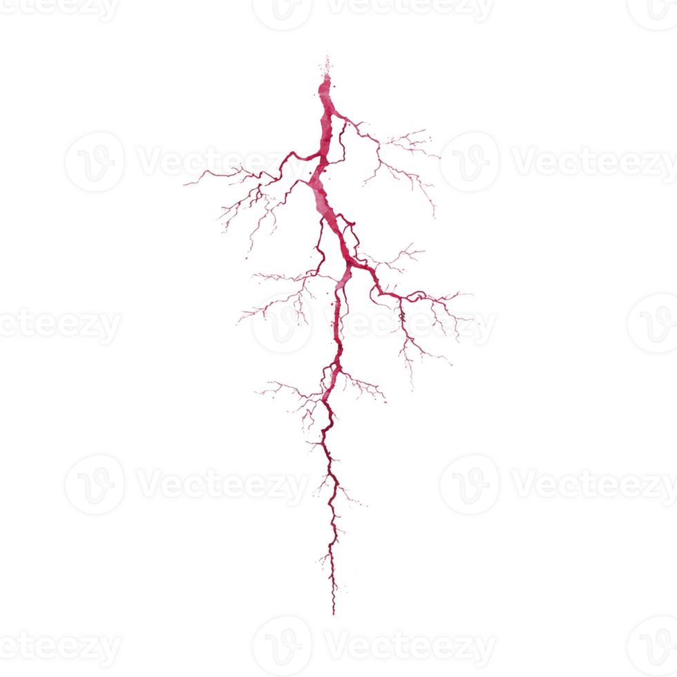 Vibrant, intricate red lightning bolt with branching patterns on transparency background, resembling natural electrical discharge. striking design evokes sense of power and energy png