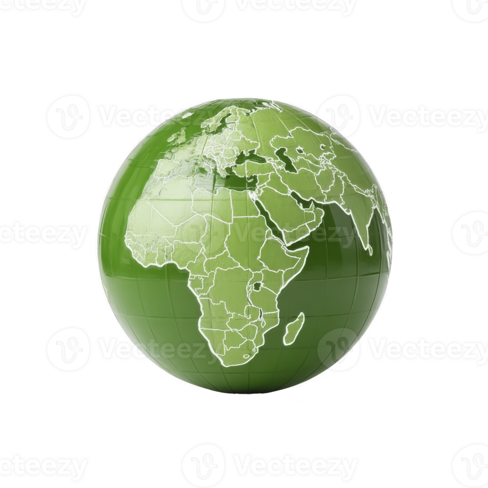 Green globe with focus on Europe, Africa, and Asia, highlighting geographical boundaries and continents. globe is depicted in glossy, modern style, emphasizing environmental themes png