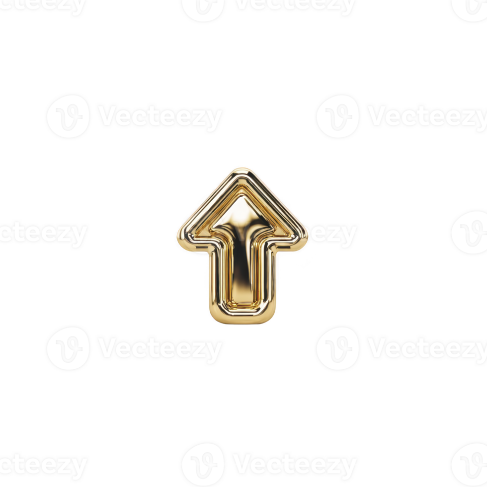 Shiny gold arrow pointing upwards on transparency background, symbolizing direction or progress. metallic finish gives it luxurious and modern appearance png