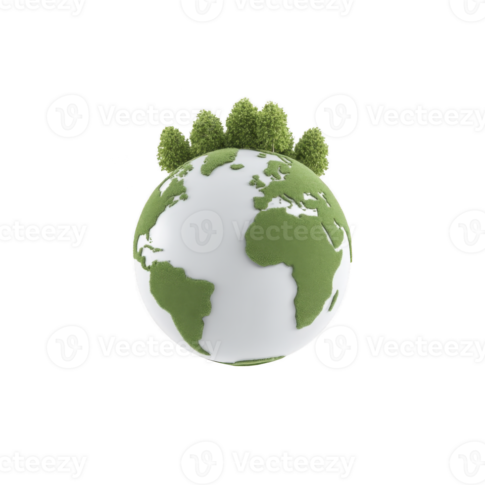 Globe with green continents and trees symbolizes environmental conservation and sustainability. image represents concept of green planet and eco friendly practices png