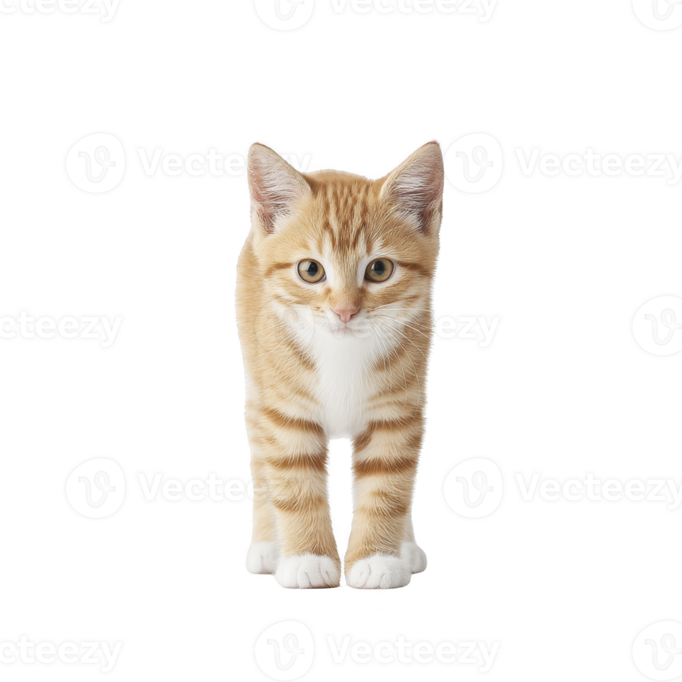 Cute ginger tabby kitten with white paws stands against plain background, looking directly at camera with inquisitive expression png