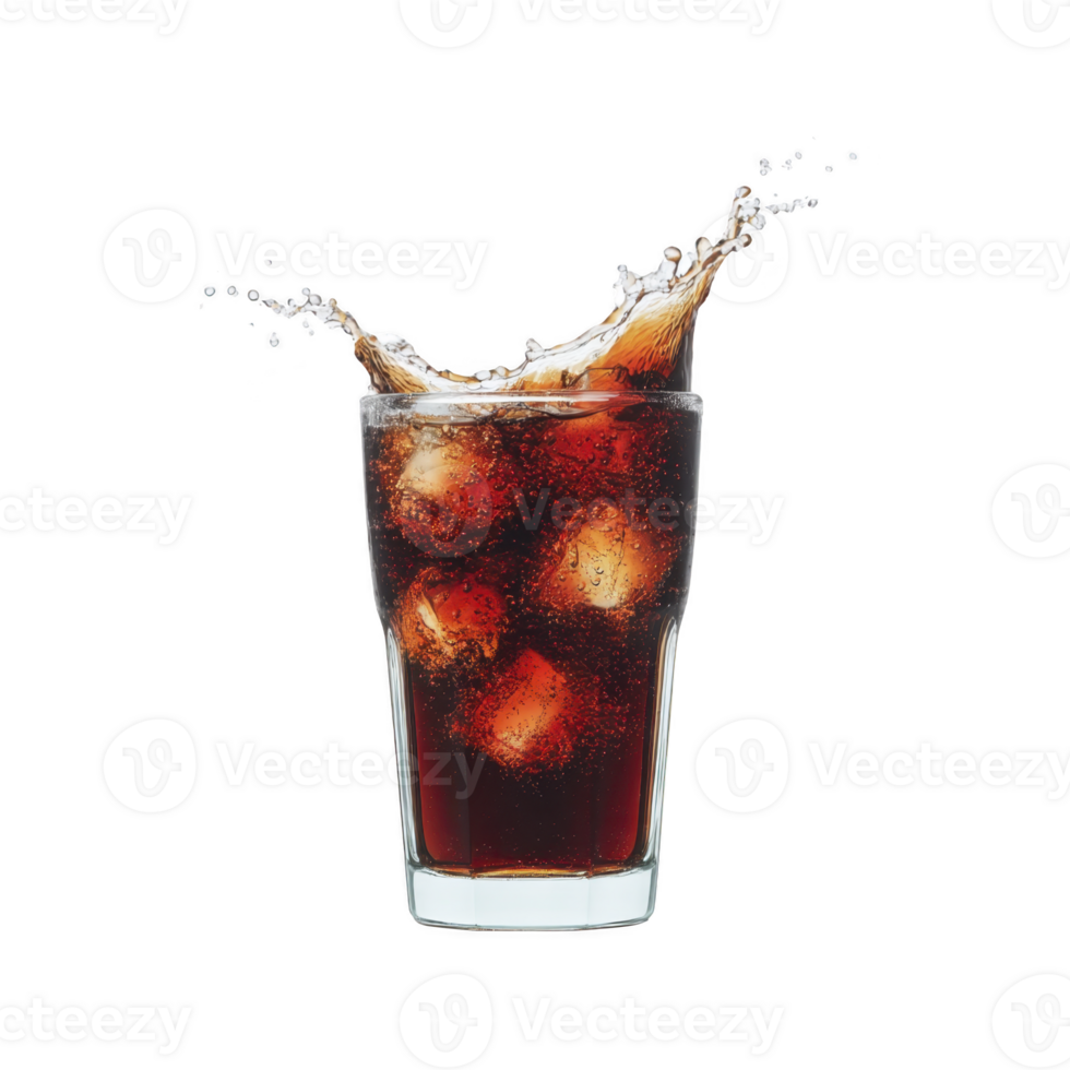 Refreshing splash of dark soda with ice cubes in clear glass, capturing moment of effervescence and movement. drink appears cool and inviting png
