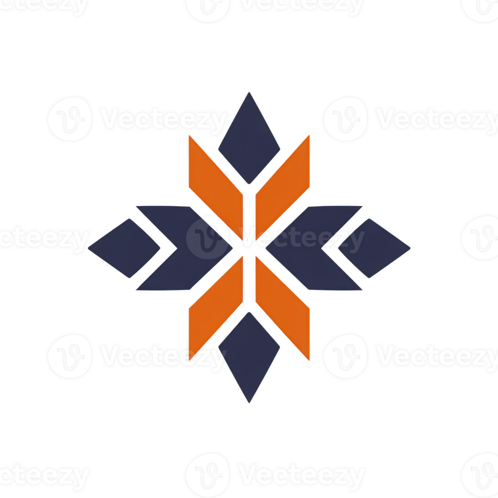 Geometric design featuring symmetrical pattern with navy blue and orange shapes, creating star like appearance. design is bold and modern, suitable for logos or decorative purposes png