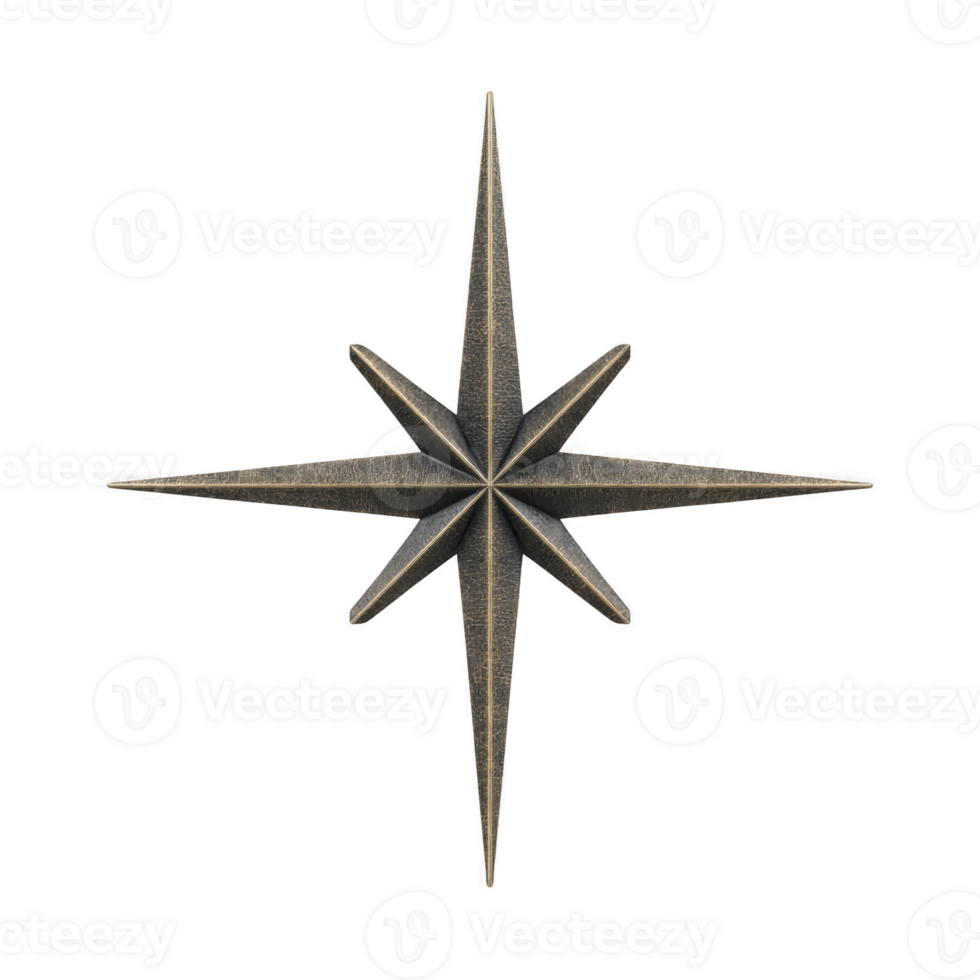 Metallic eight pointed star with textured surface, resembling compass rose, is depicted against transparent background. design is symmetrical and elegant, often used in navigation themes png