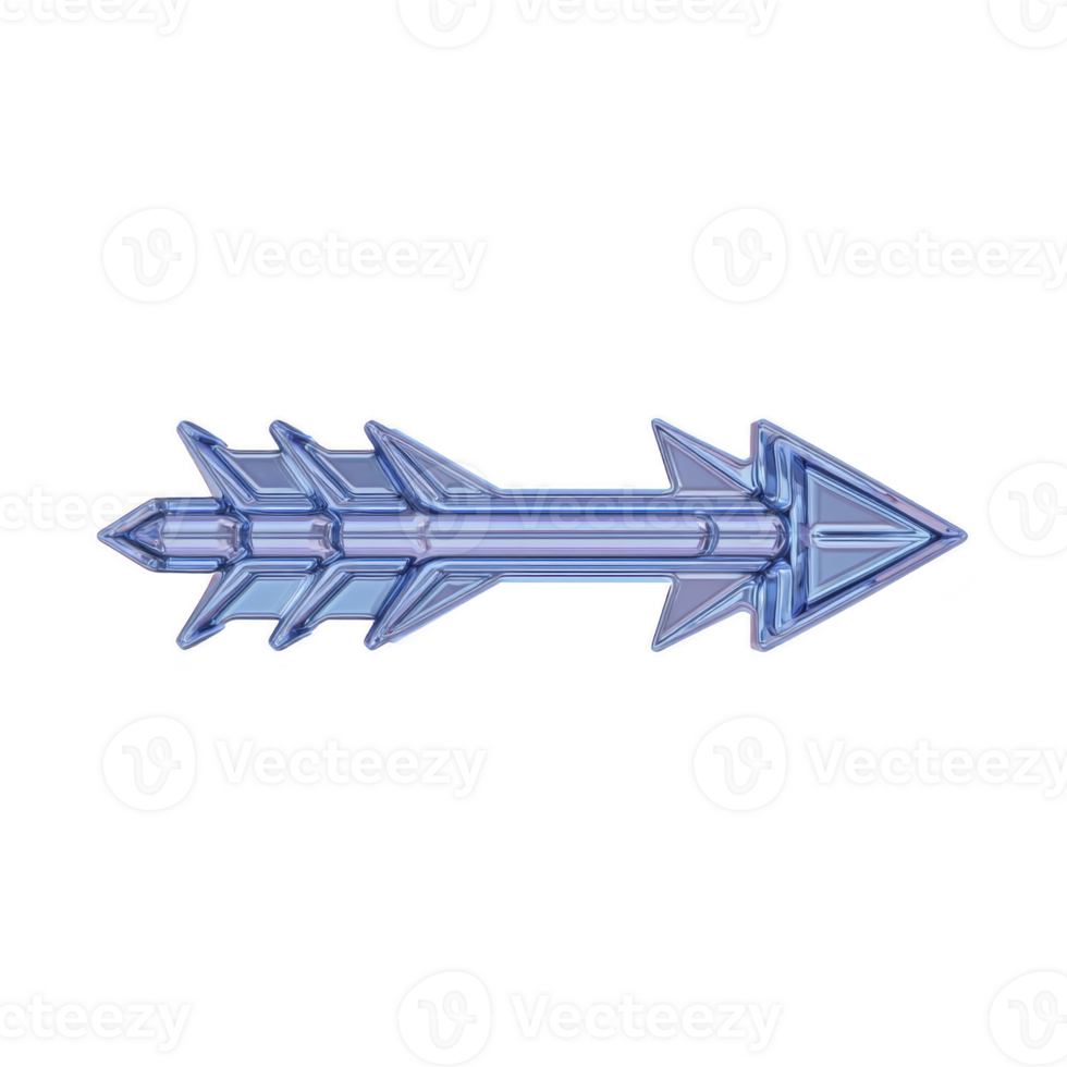 Shiny, metallic blue arrow with futuristic design and intricate details, pointing to right. arrow has sleek, reflective surface, giving it modern and dynamic appearance png